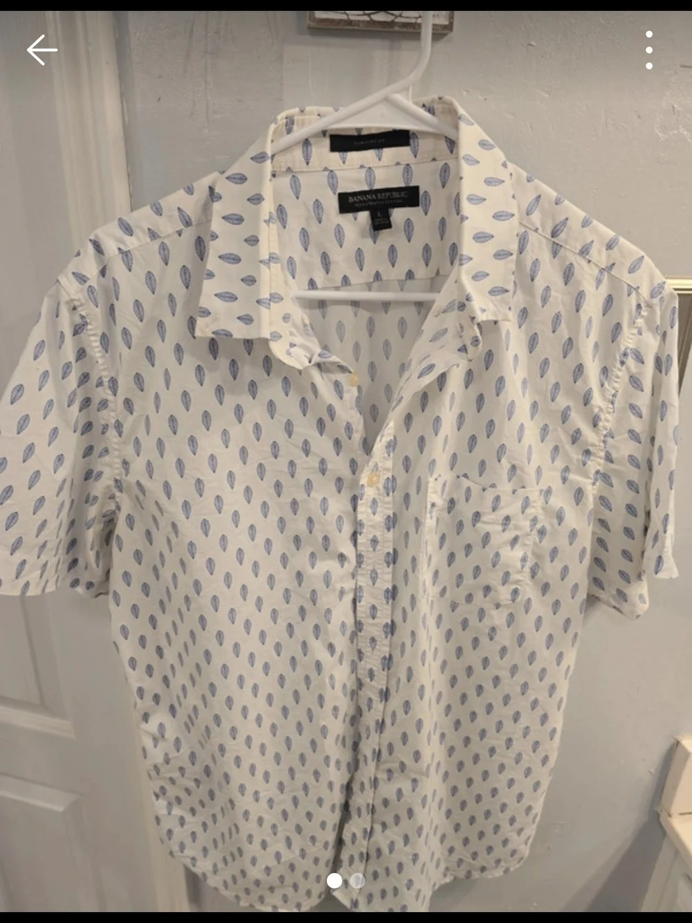 Banana Republic White Short-Sleeve Button-Up with Blue Leaf Print